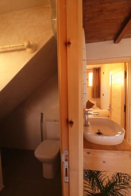 Shared bathroom in wood and white with plants and boho styling